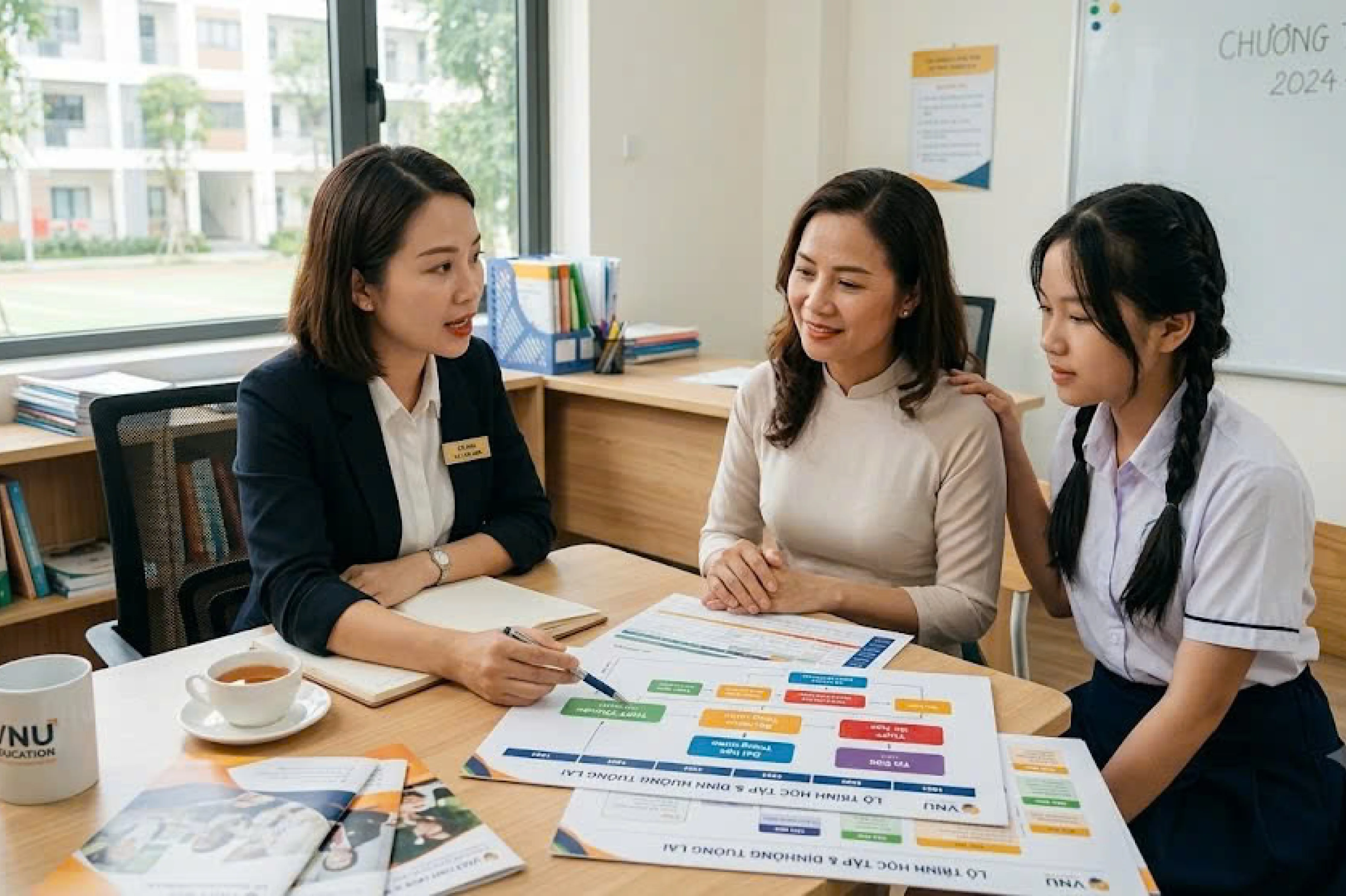 Phụ huynh và con ngồi tư vấn cùng giảng viên